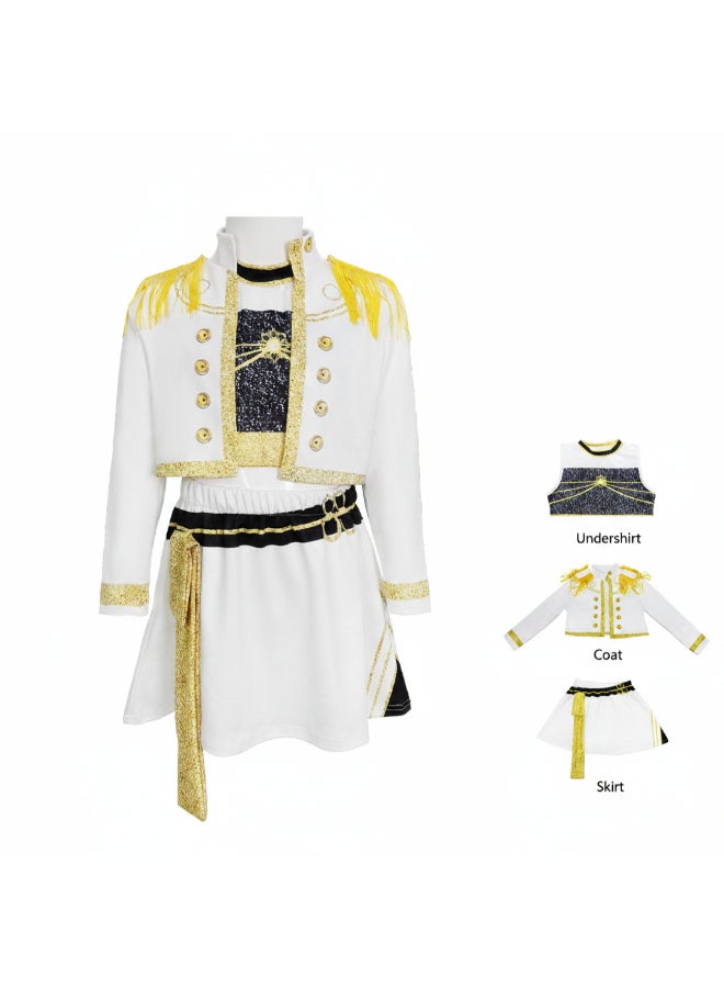 KPop Demon Hunters Mira K-Pop Demon Hunters Cosplay Costume with White and Gold Jacket, Skirt and Belt Set, Idol-Inspired Performance Outfit for Fans, Events and Costume Parties 4to5 years 110cm - Image 1